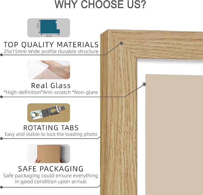 Hongkee 8x8 Picture Frames Set of 4, Made of Glass and Natural Oak Wooden Frame - Display Picture 6x6 with Mat or 8 x 8 Without Mat, 8 by 8 Photo for Wall or Tabletop