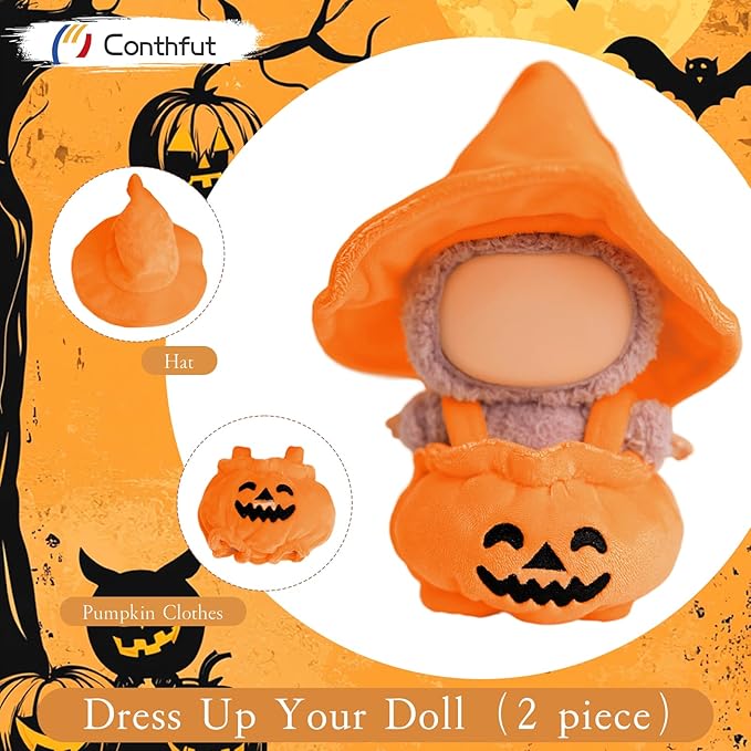 17cm Doll Clothes, Clothes for Dolls Outfit, Halloween Pumpkin Overalls Witch Hat for Dolls Accessories,Halloween Clothes Set for Doll (No Doll)(Orange Hat Pumpkin Clothes)