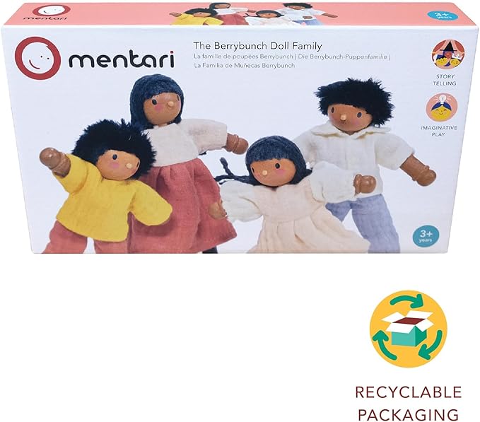 Mentari Toys - The Berrybunch Doll Family - 4pc Poseable Wooden Doll Set with Fabric Clothes - Perfect for Dollhouses and Small World Play - Encourages Imaginative Play and Social Skills - Age 3+