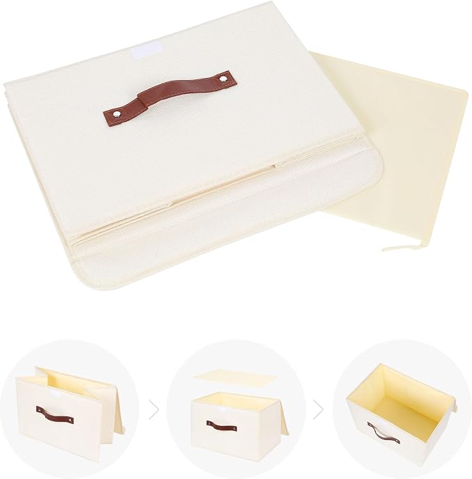 ANMINY Fabric Storage Box Bins with Lids, Beige, 15"x10"x10", 2 Pack | Keepsake Memory Storage, Cotton Linen, PP Board Reinforced, Washable, PU Handles, Foldable & Stackable, Decorative, Large