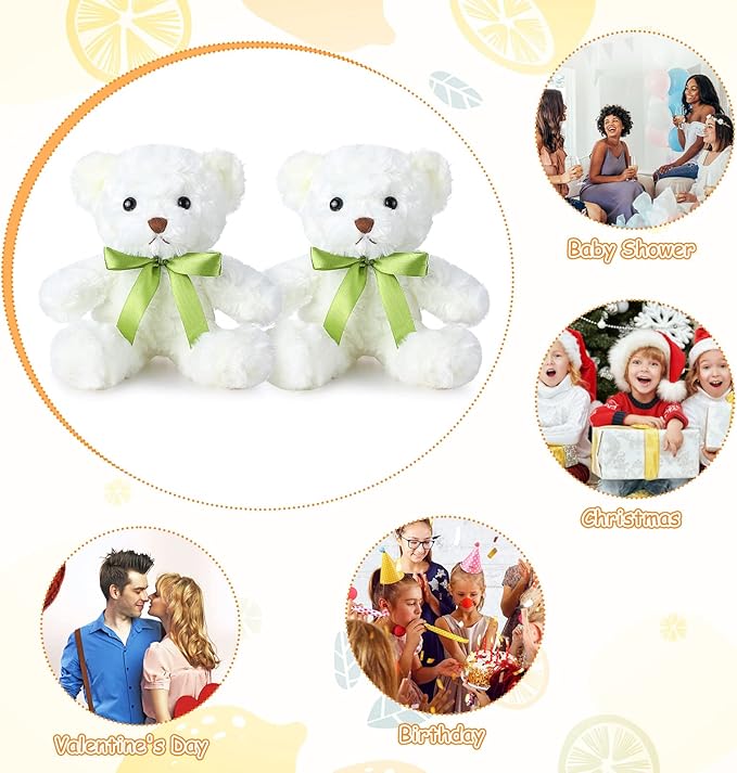 Hungdao 24 Pcs Bear Bulk Plush Stuffed Animals 10 Inch Cute Soft Stuffed Bear with Green Bow for Baby Shower Birthday Party Gift (White)