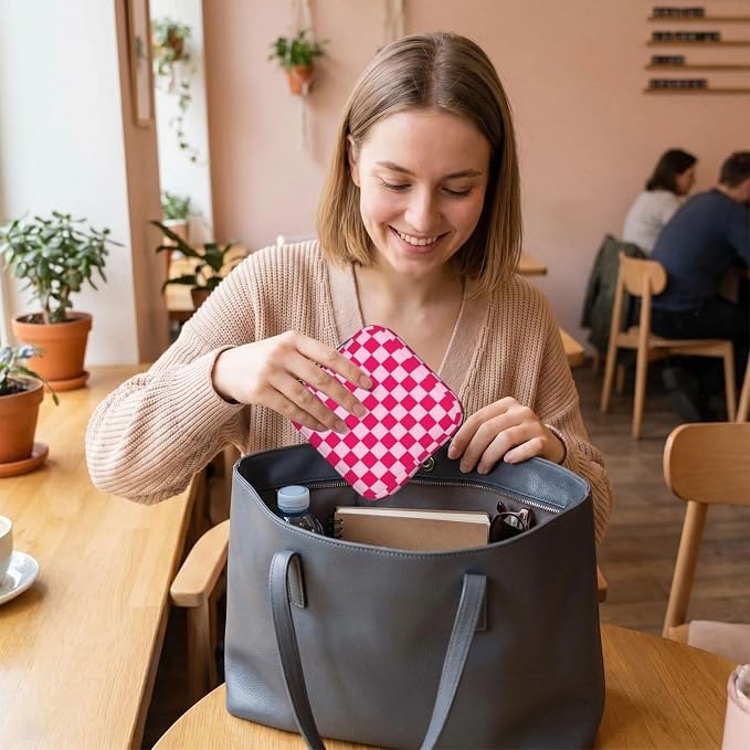 Pink And White Checkered Checker Checkerboard Square Grid Period Bag For Women,Portable Sanitary Napkin Period Pad Pouch For Purse, Small Make Up Bags