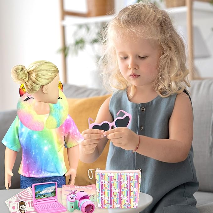 19PCS 18 Inch Doll Clothes and Accessories, Doll Travel Case Luggage Play Set with Dolls Bag, Clothes, Pillow, Sunglasses, Camera, Doll Stuff for 18 Inch Dolls Birthday for Girls Age 3+