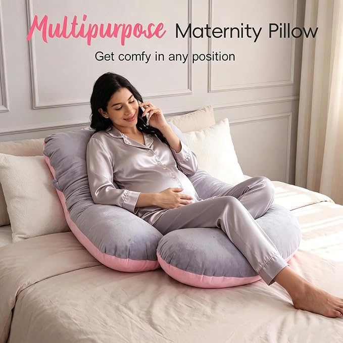 Pregnancy Pillow for Sleeping, Soft 57“ Full Body Maternity Pillow, U Shaped with Removable Washable Cover, Support for Back, Belly, Leg, Hip, Neck & Shoulder (Pink & Grey)