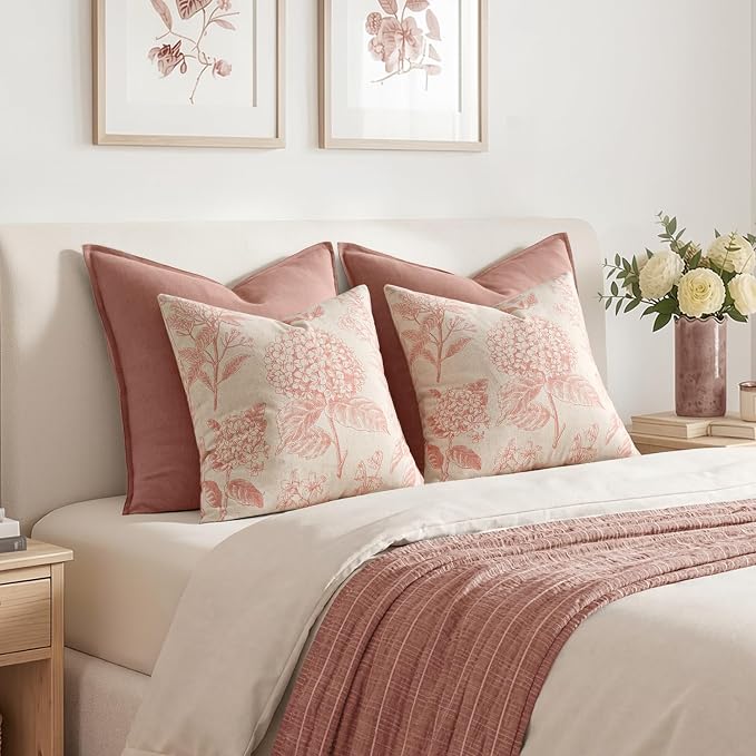 Set of 2 Decorative Floral Pillow Covers 18x18 Inch Light Pink | Neutral Hydrangea Print, Boho Vintage Throw Cushion Covers, Cottagecore Home Decor, for Sofa Couch Porch Bedroom Living Room
