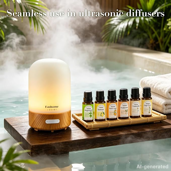 Essential Oils Set for Diffusers, 6-Pack, 10 mL Each, Aromatherapy Oils | Six scents for energy, focus and relaxation: Peppermint, Lemon, Sweet Orange, Chamomile, Magnolia & Ginger Flower