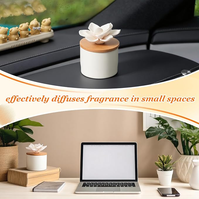 Honeydak 2 Pcs Ceramic Essential Oil Diffuser, Non Electric Reedless Passive Porcelain Flower Aromatherapy Diffuser, Decorative Floral Design Tabletop Office Home Bathroom Decor (Water Lotus)