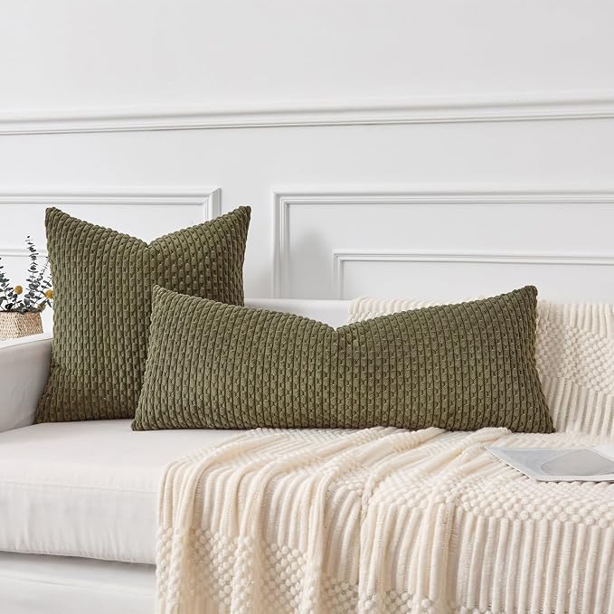 Kevin Textile Soft Corduroy 14"x36" Lumbar Pillow Cover 1 Pack, Olive Green | Boho Stripe Plush Corduroy Decorative Oblong Cushion Cover Modern Farmhouse Home Decor for Sofa Couch Bed Chair