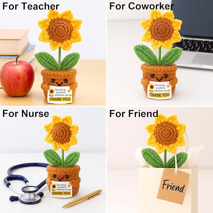 Thank You Gifts for Women Crochet Sunflower, Handmade Emotional Support Plant - Cute Teacher Appreciation Gift, Coworkers Friend Christmas Birthday Home Office Desk Car Decor