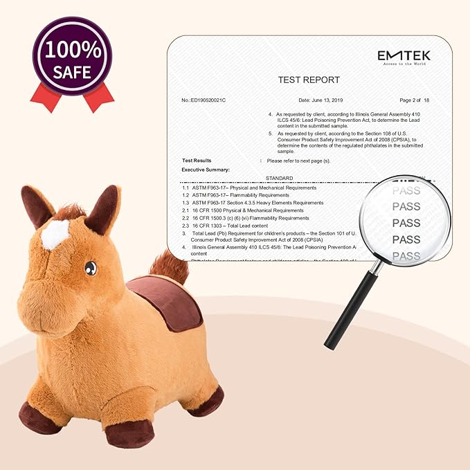 INPANY Bouncy Horse for Toddlers - Plush Brown Bouncing Horse Hopper, Ride on Animal Toys for Girls Boys, Outdoor Indoor Inflatable Horse Gifts - Plush Covered (Include Pump)