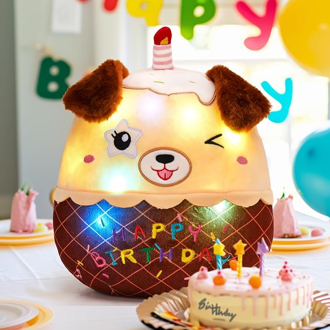 Light Up Music Dog Birthday Cake Plush Puppy Stuffed Animals Original Wink Dog Plushie with Colorful LED Lights Glowing Singing Happy Birthday Gift for Girl Boy 14"