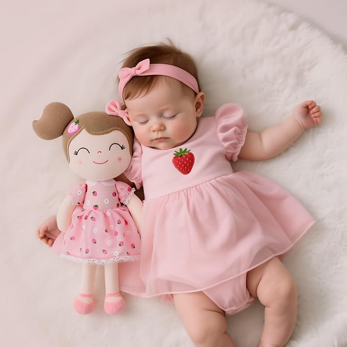 Gloveleya Baby Girl Gift โ 16 Inches Strawberry Pink Plush Doll with Gift Box, Soft First Baby Doll for Toddler Girls, Birthday Present, Baby Shower & Holiday Keepsake