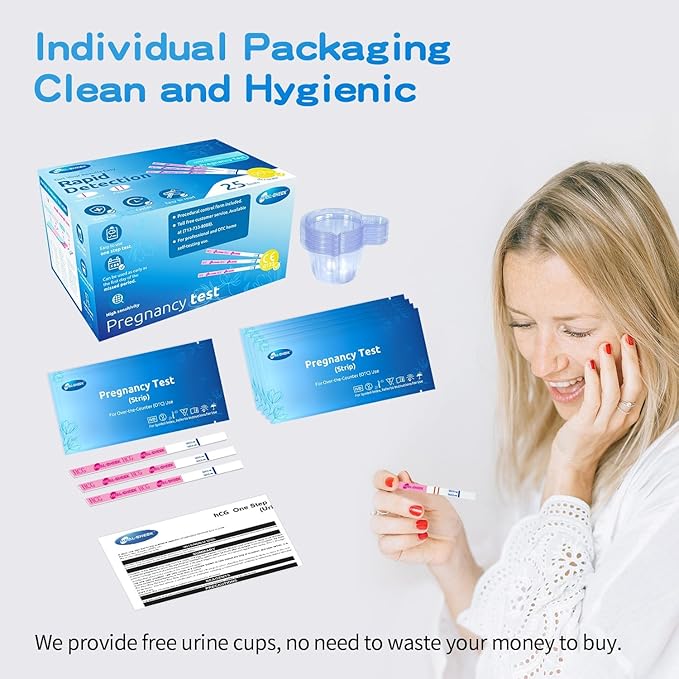 100 Count Pregnancy Tests with Cups, Bulk Pregnancy Test Strips for Detection at Home, Over 99% Accuracy, Individually Wrapped Fertility Tests, Extra-Wide 5mm HCG Tests, Pruebas De Embarazo