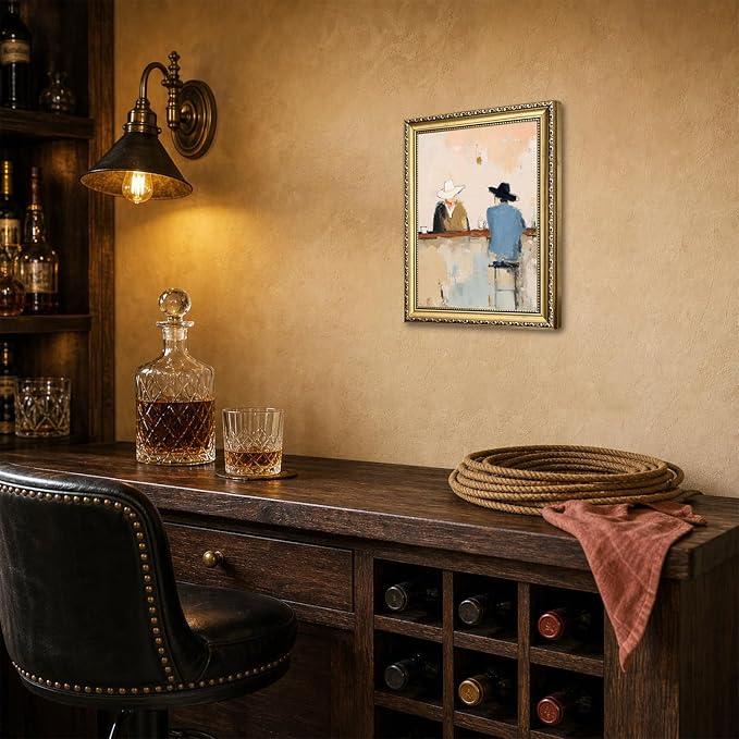 Gold Framed Western Cowboy Wall Art, Vintage Cowboy Bar Wall Decor Painting Mid Century Southwestern Canvas Prints Picture for Farmhouse Living Room Bedroom 12x16 inch