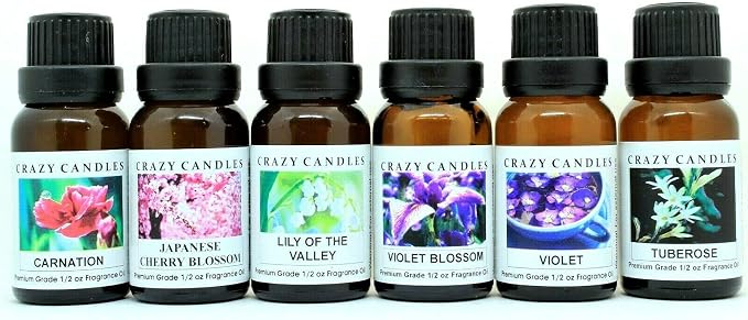 Crazy Candles 6 Bottles Set, Carnation, Japanese Cherry Blossom, Lily of The Valley, Tuberose, Violet Blossom, Violet 1/2 Fl Oz Each (15ml) Premium Grade Scented Fragrance Oils