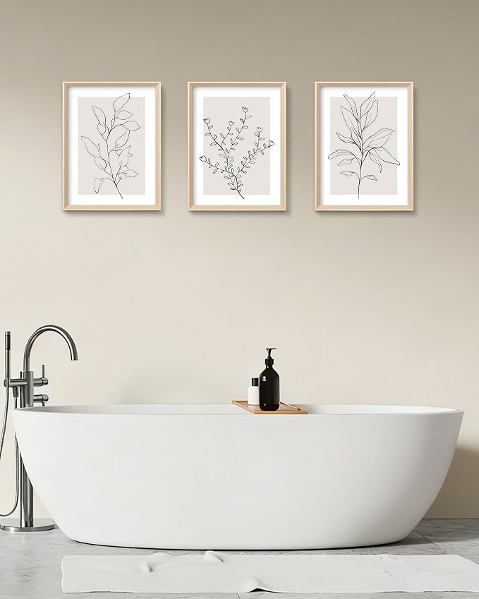HesenDot Minimalist Botanical Framed Wall Art, Line Drawing Canvas Prints | 12x16IN Set of 3, High Framed Design Prints, Neutral Plant Artwork Wall Decor for Living Room Bedroom Bathroom Office