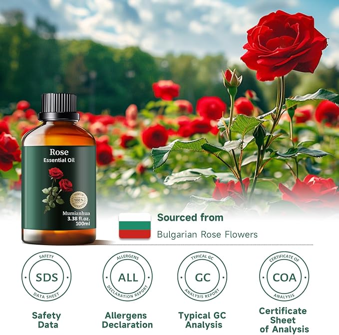 Rose Essential Oil, Floral Scent, Self-Care, DIY & Home, 3.38 Fl Oz | Mumianhua Rose Oil, Steam-Distilled.Romantic Floral. For Skin, Hydration, Radiant Complexion, Hair, Massage & DIY