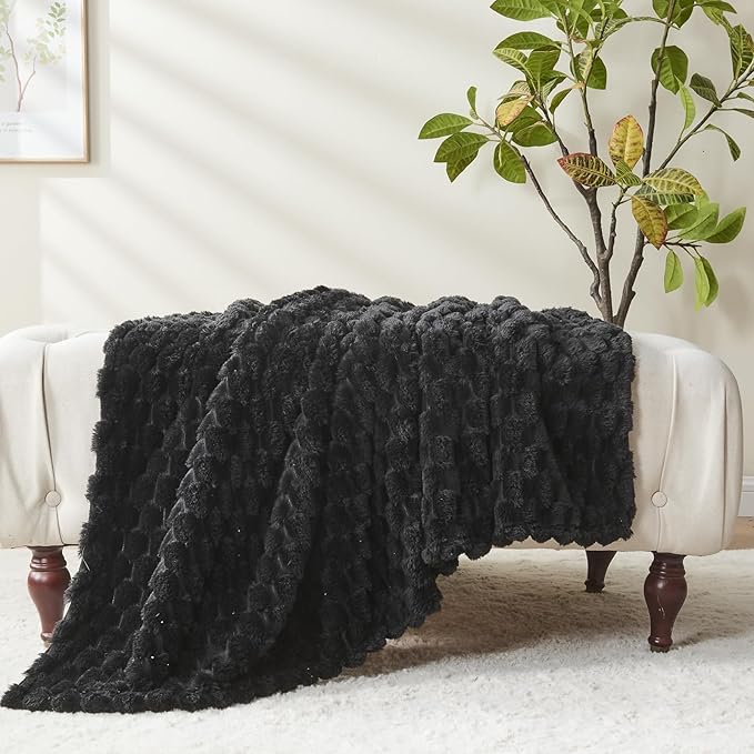 NEWCOSPLAY Super Soft Queen Blanket Black Premium Silky Flannel Fleece 3D Clouds Stylish Jacquard Lightweight Bed Blanket All Season Use 350GSM (Black, Queen(90"x90"))