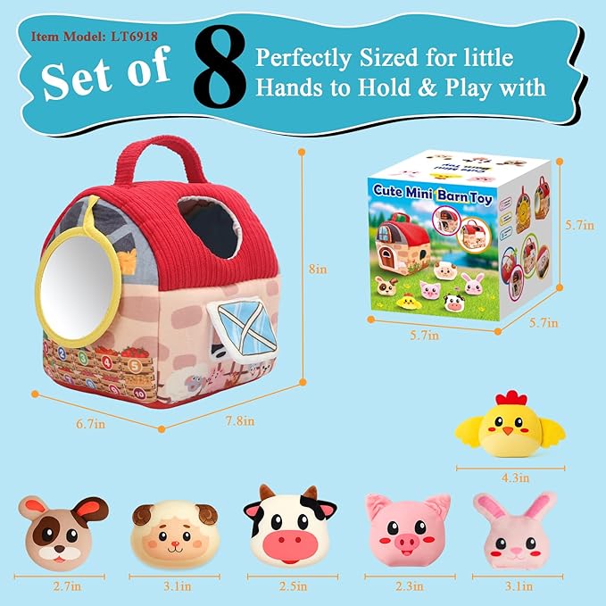 Baby Toys 6-12 Months, Surprise Barn Stuffed Farm Animals with Cloth Books, Rattle, Crinkle, Montessori Sensory Toys for 1-3 Old Infants, Plush Gifts for Boys Girls Valentines Day Birthday Easter