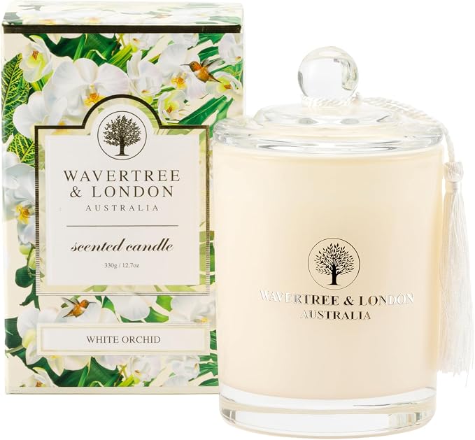 Luxury White Orchid Soy Wax Candle - Hand Poured in Australia, 11.66 oz Glass Jar Fancy Candle, Strong Scented, Non-Toxic, Long Lasting 60 Hour Burn, Refreshing Natural Citrus Candle Gift