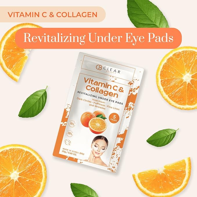 Clear Beauty Vitamin C & Collagen Under Eye Patches – Reduces Dark Circles, Puffiness & Fine Lines – Hydrating & Firming Eye Pads – Dermatologist Tested, Korean Skin Care, Vegan Clean Beauty – 3 Pack