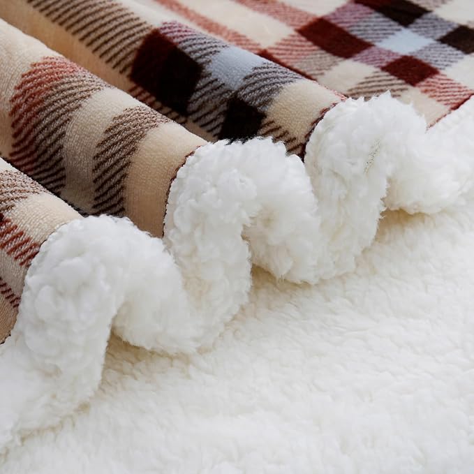 PU MEI Sherpa Fleece Throw Blanket 60" x 80" Reversible Plush Fluffy Large Big Blanket Lattice Flannel Blankets for All Season Use, Beige Stripe