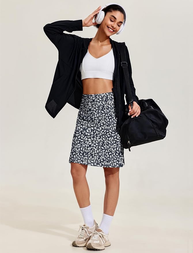 COOrun Women's 20" Knee Length Skirts High Waisted Golf Skorts with Pockets | Soft, Quick Dry, Split Hem, Built-in Shorts, A-line, Modest Skirts, for Golf Athletic Tennis Work Casual