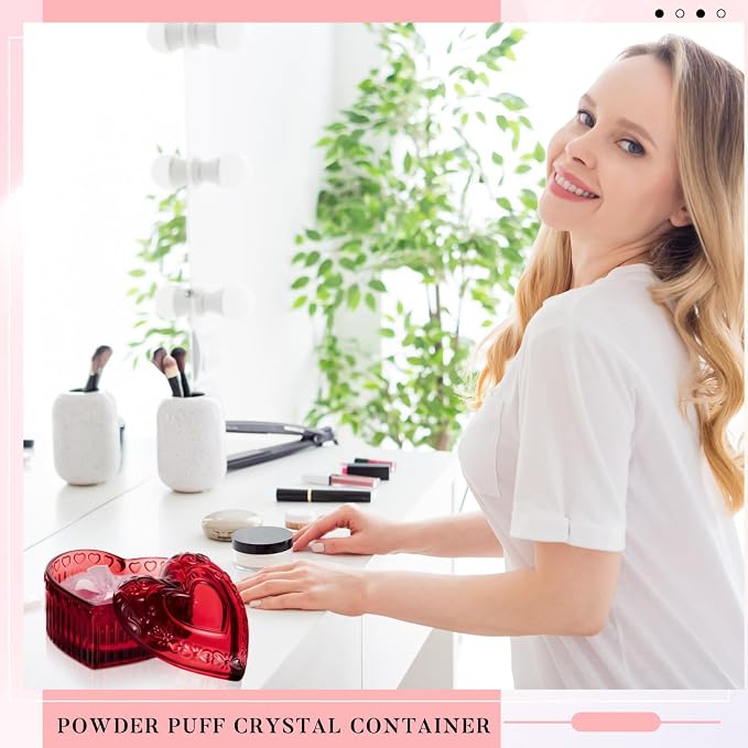 Tioncy 3 Pcs Large Body Powder Puff and Container Valentine's Day gift Powder Container with Puff Crystal Case Soft Washable Reusable Velour Face Body Glitter Wet Dry Makeup (Heart,Crimson)