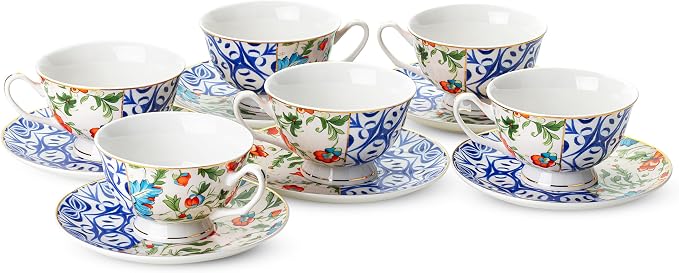 BTaT- Floral Tea Cups and Saucers, 8 oz, Fine Porcelain Teacup Set with Gold Trim for Afternoon Tea, Weddings, Parties & Gifting, Dishwasher Safe, Lightweight, Non-Toxic, Set of 6