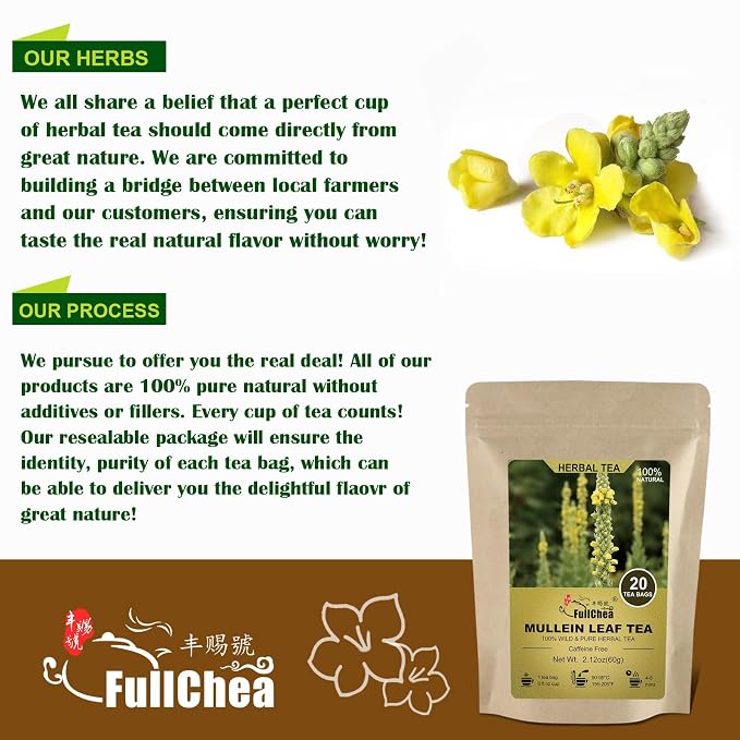 FullChea - Mullein Leaf Tea Bags, 20 Teabags, 3g/bag For Lungs - Non-GMO - Caffeine-free - Natural Healthy Herbal Tea (Pack of 2)