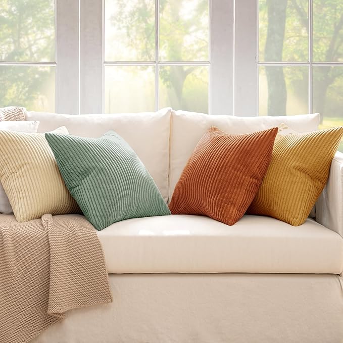 MIULEE Soft Corduroy Decorative Throw Pillow Covers Orange Teal 20x20 | Set of 4, Mordern Rustic Home Decor, Retro Vintage Set, Boho Farmhouse Cushion Covers for Couch Bed Sofa Living Room