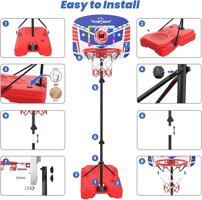 Eaglestone Kid Basketball Hoop Indoor with LED Lights & Scoreboard,Toddler Basketball Hoop Adjustable Height 2.9ft-6ft, Mini Hoop Outdoor with 3 Balls,Basketball Toy Gifts for 3-12 Year Old Boys Girls