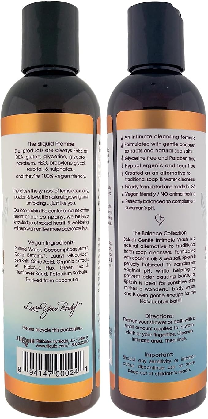 Sliquid Splash Feminine Wash for Women, Unscented, 8.5 Oz | Gentle Intimate Wash for Sensitive Areas with Coconut Oil & Sea Salt, Paraben- and Glycerin-Free, 100% Vegan-Friendly