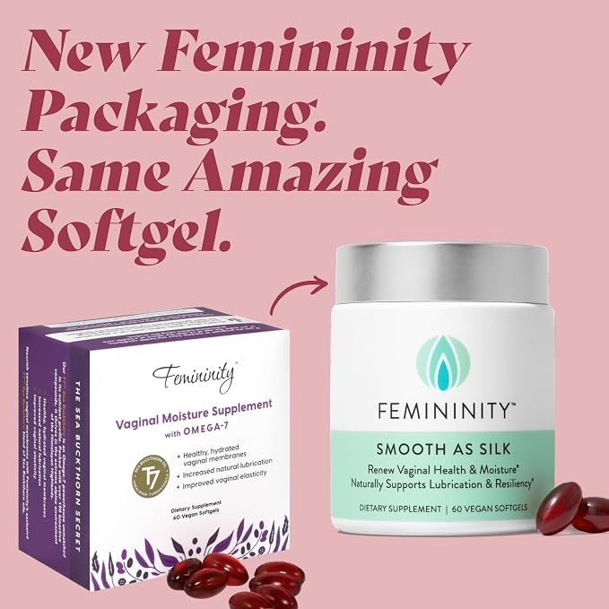 Femininity Smooth as Silk Softgels for Vaginal Dryness Starter Kit | Sea buckthorn oil with 365mg Omega 7 plus Omega 3. Supports natural moisture.