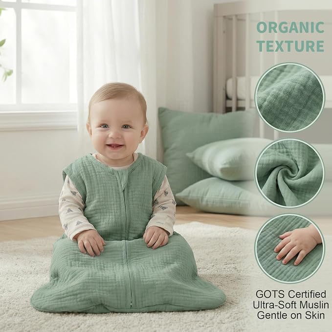 BSTOPPT 2 Pack Baby Sleep Sack 12-18 Months 100% Organic Cotton Muslin Baby Sleeping Bag 2-Way Zipper Wearable Blankets TOG 0.3 (Green & Leafy Cherry, Large)