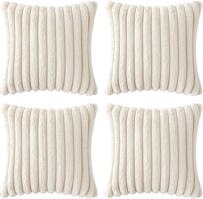 MIULEE Faux Fur Plush Decorative Throw Pillow Covers 18x18, Cream White | Set of 4, Striped, Soft Modern Cozy Home Decor, Cushion Cases for Sofa Couch Bed Living Room