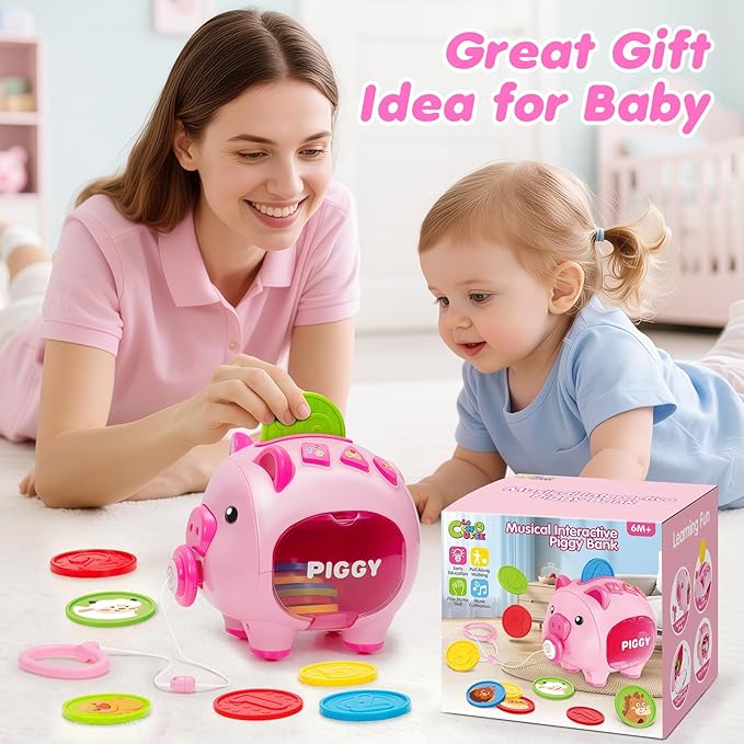 Musical Piggy Toys for 1 Year Old Girl Gift, Piggy Bank with Educational Number, Color, Animal Coin for Baby Interactive Toy 6-12-18 Month, Christmas 1st Birthday for 7 8 9 10 Month Old Girl Boy