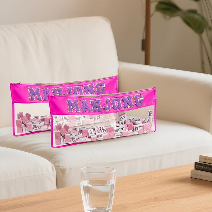 Empty Mahjong Tile Bag with Zipper, PVC Clear American Mahjong Storage Holder with Letter Embroidery for Game Lover Party Travel - Case Only