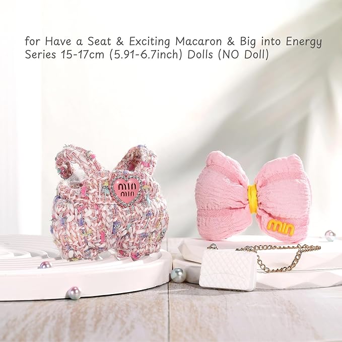 Doll Clothes for Labubu 17cm Have a Seat & Exciting Macaron & Big into Energy Series Dolls, Luxury Chic Series for 17cm Dolls Accessories (Heart Dress+Hairband+Bag)