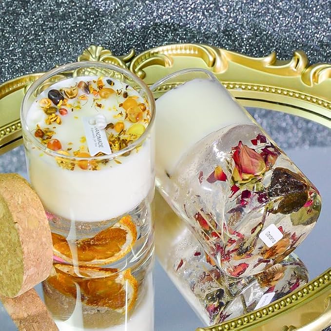 Crystal Candle Gift Set, Organic Natural Flowers in Yelly, Aromatherapy, Healing Gemstones, Botanical Scented Fragrance, Manifestation, Intention, Gel Candle, Christmas, Motherโs Day, Gift for Woman