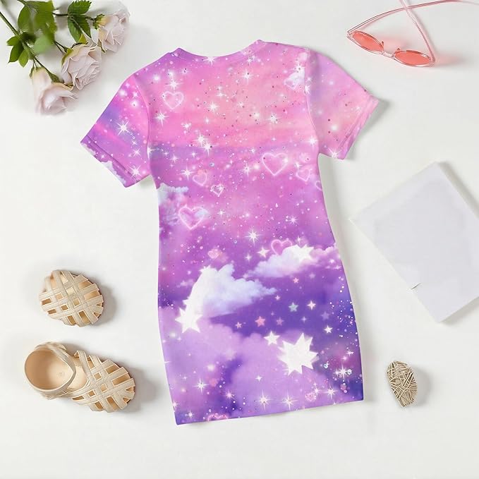 Girl's Anime K-POP Graphic Long Dress T-Shirt - Casual Loose Fit Short Sleeve Top