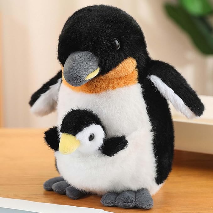 Plush Mum Penguin with Baby Stuffed Toys Prentend Play Animals Dolls Gifts for Kids 10Inches