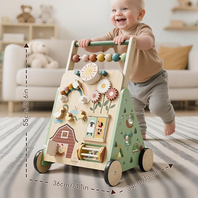 Lehoo Castle Wooden Baby Walker, Adjustable Speed Montessori Walker with Activity Center for Boys Girls, Baby Push Walker Toys for 1 Year Old Learning to Walk