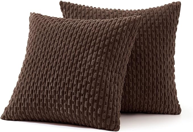 MIULEE Decorative Throw Pillow Covers 18x18 Dark Brown Textured Corduroy | Pack of 2 Striped Pillow Covers Modern Farmhouse Fall Home Decor for Couch Bed Sofa Living Room
