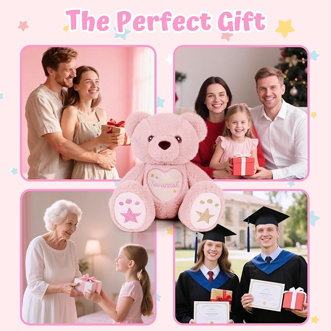 Custom Teddy Bear with Name Embroidery – 360° Rotating Plush Bear Stuffed Animals for Kids Toddler, Personalized Birthday Gifts for Girls Boys (Pink)