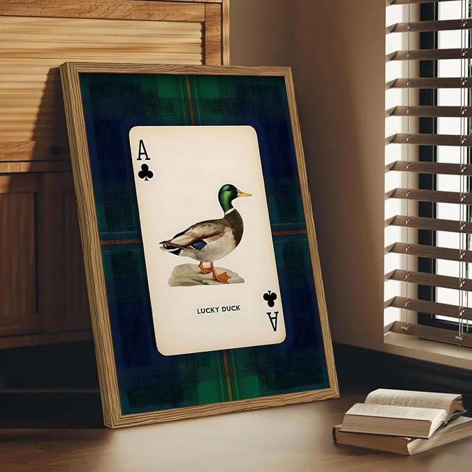 Vintage Mallard Duck Wall Art Cottage Core Hunting Lucky Duck Wall Decor Picture Dark Wildlife Playing Card Poster Canvas Print Painting for Farmhouse Bedroom Living Room 12x16 inch Wood Framed