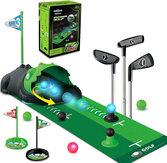 Upgraded Kids Toy Golf Set with Dinosaur Automatic Golf Returner, Led Light Up Night Golf Balls, 3 Clubs, Putting Mat, 3-8 Toddler Mini Golf Games, Indoor Outdoor Sports Toys for Boys Girls