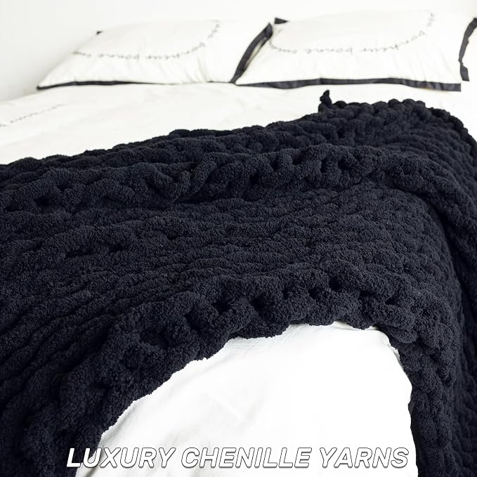 Chunky Knit Blanket - Luxury Soft Cozy 40 * 50 Throw Blanket,100% Woven Blanket Rope Knot Throw Blanket for Couch, Sofa, Home Decor, Gift - Machine Washable(Black)