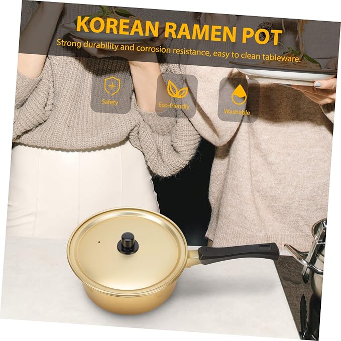 1pc Korean Ramen Pot Stainless Steel Cooking Utensils Stainless Steel Sauce Pan with Lid Chocolate Fondue Snack Bowls Korean Ramen Noodle Pot Gold Thickened Stock Mini