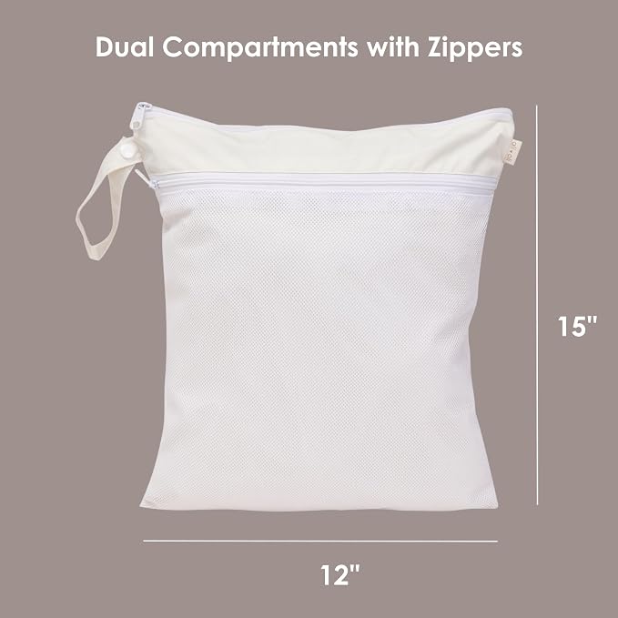 Ali+Oli Water Resistant Dual-Compartment Wet-Dry Bag for Travel, Hook to Stroller, Daycare, Diapers, Diaper Bag, Clutch Bag,15x12 inches (Sand)